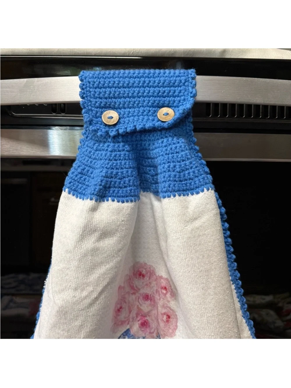 Handmade Crochet Hanging Kitchen Towel Chinoiserie Blue White Roses